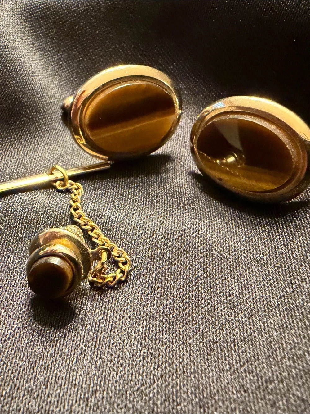 Gold-Tone Brown Stone Stud Earrings and Tie Pin Set